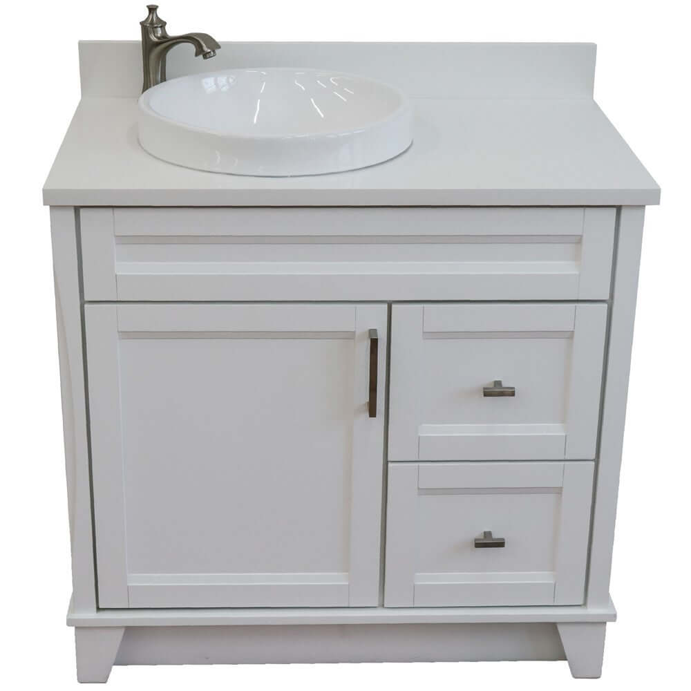 37" Single sink vanity in White finish with White quartz and Left door/Round Left sink - 400700-37L-WH-WERDL