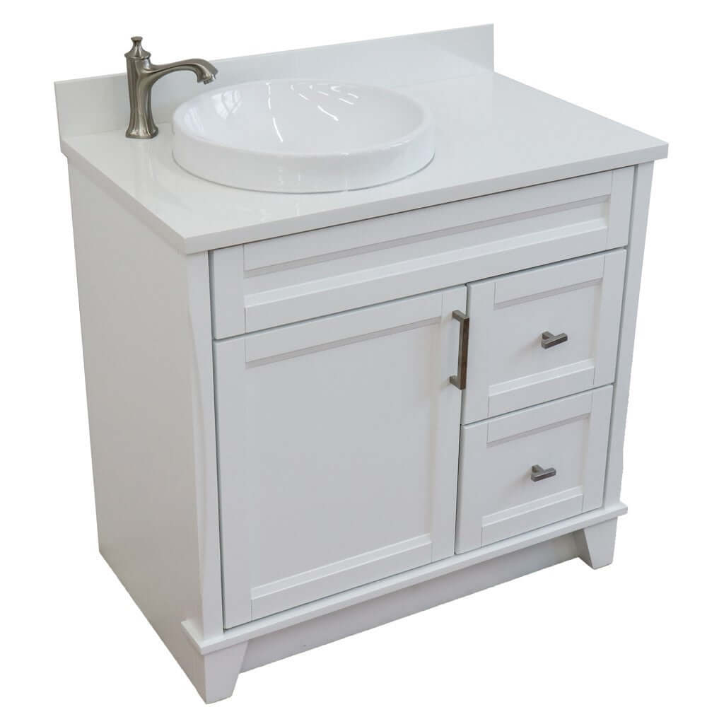 37" Single sink vanity in White finish with White quartz and Left door/Round Left sink - 400700-37L-WH-WERDL