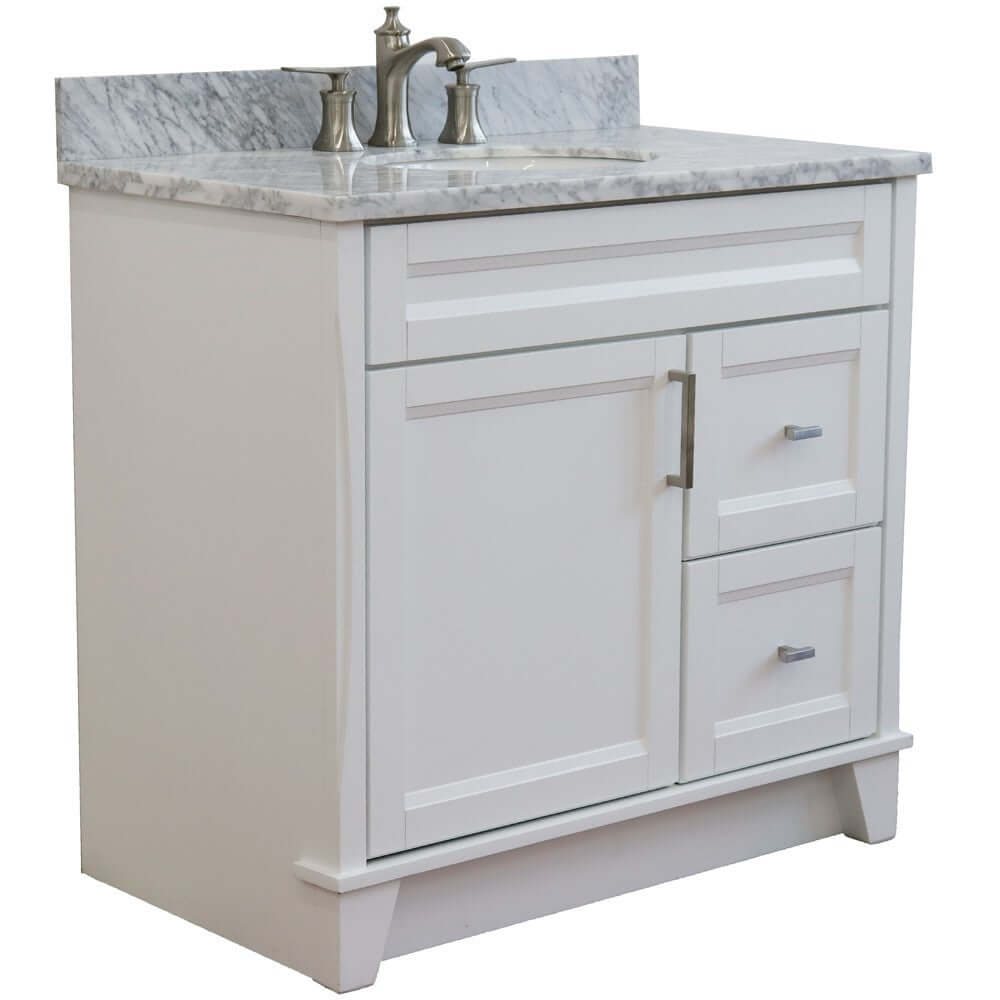 37" Single sink vanity in White finish with White Carrara marble and Left door/Center sink - 400700-37L-WH-WMOC