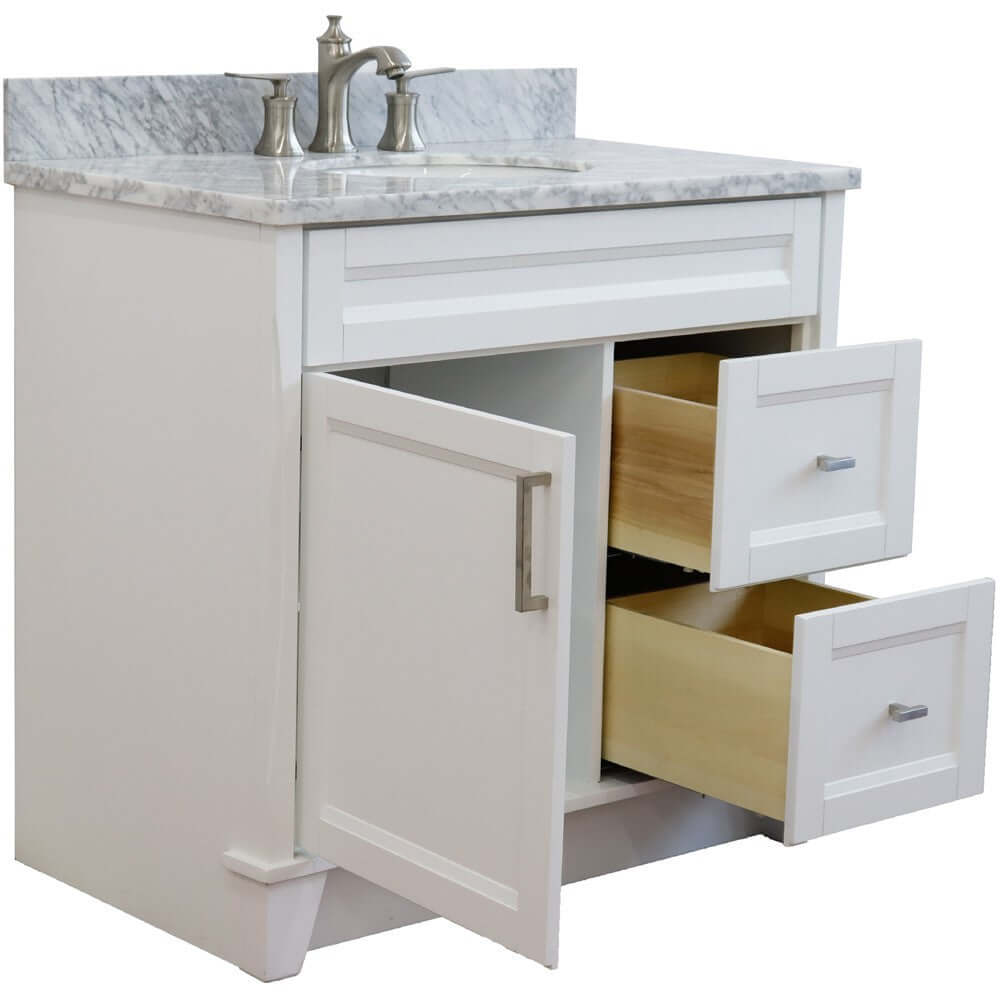 37" Single sink vanity in White finish with White Carrara marble and Left door/Center sink - 400700-37L-WH-WMOC