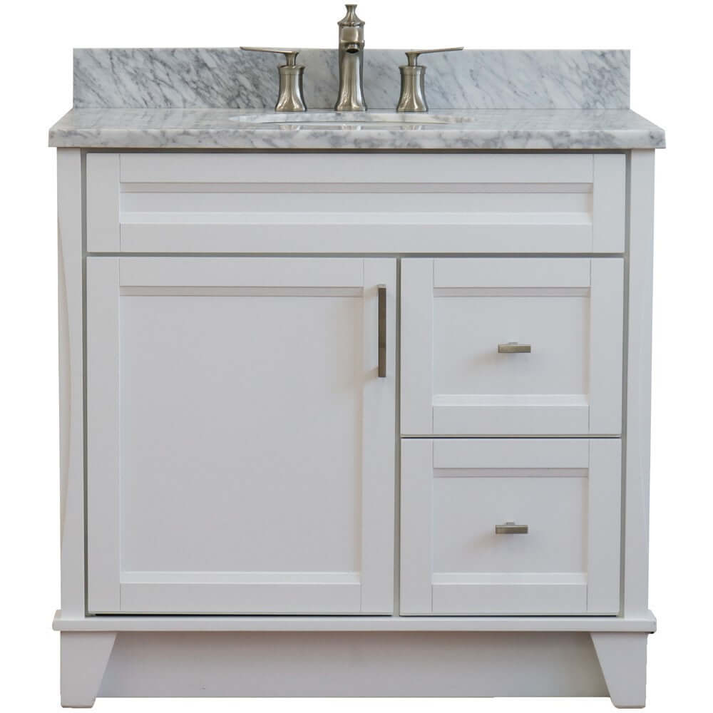 37" Single sink vanity in White finish with White Carrara marble and Left door/Center sink - 400700-37L-WH-WMOC