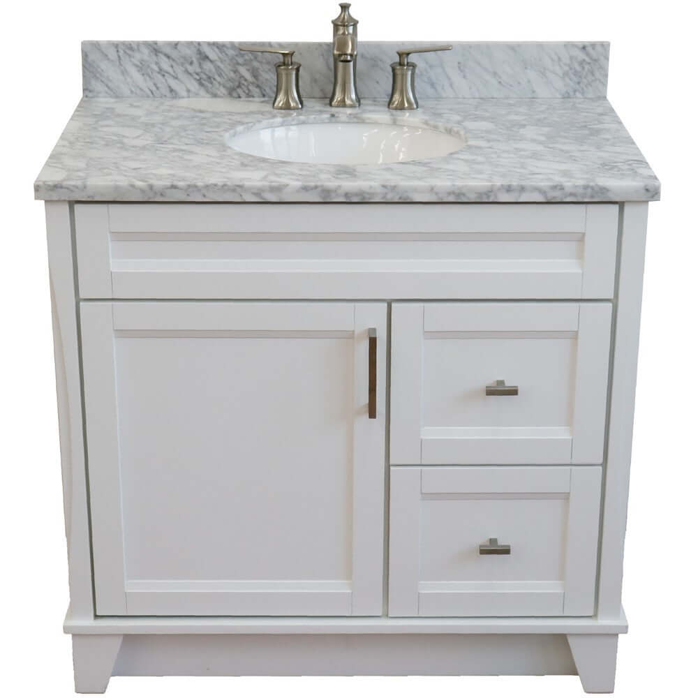 37" Single sink vanity in White finish with White Carrara marble and Left door/Center sink - 400700-37L-WH-WMOC