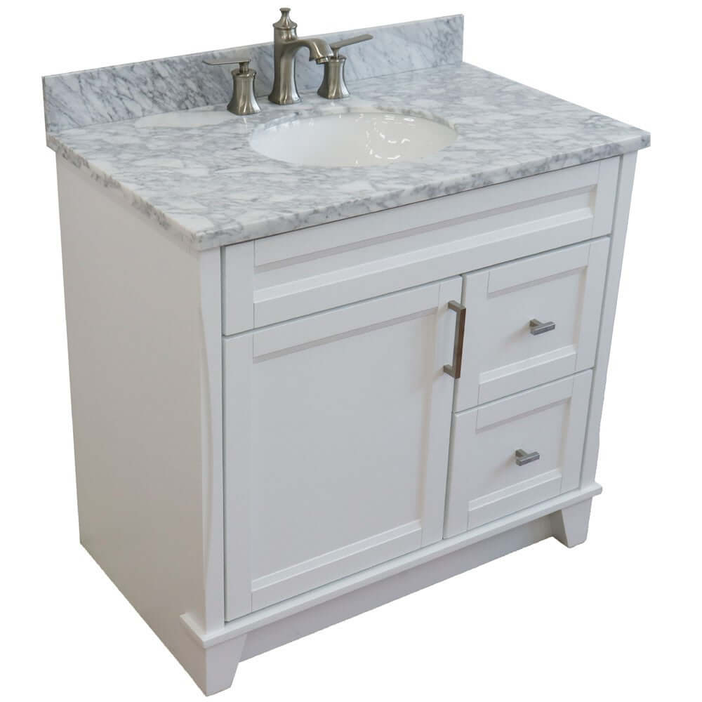 37" Single sink vanity in White finish with White Carrara marble and Left door/Center sink - 400700-37L-WH-WMOC