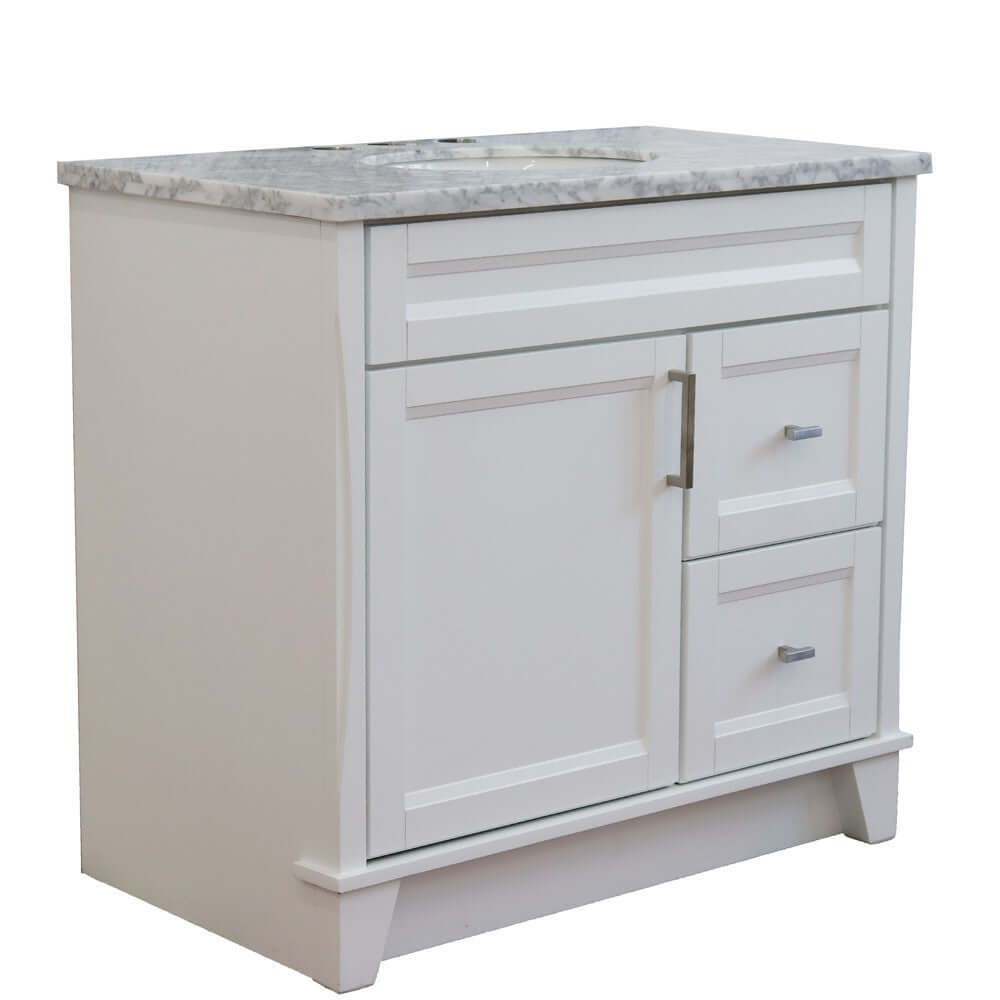 37" Single sink vanity in White finish with White Carrara marble and Left door/Center sink - 400700-37L-WH-WMOC