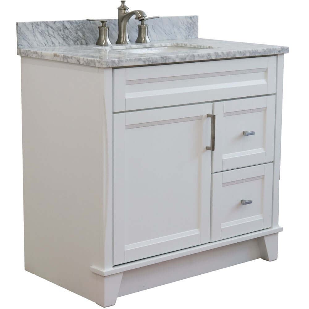 37" Single sink vanity in White finish with White Carrara marble and Left door/Center sink - 400700-37L-WH-WMRC