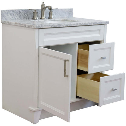 37" Single sink vanity in White finish with White Carrara marble and Left door/Center sink - 400700-37L-WH-WMRC