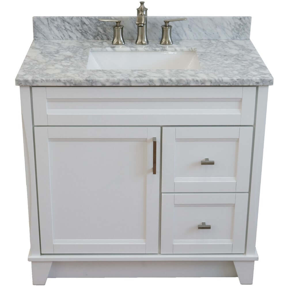 37" Single sink vanity in White finish with White Carrara marble and Left door/Center sink - 400700-37L-WH-WMRC