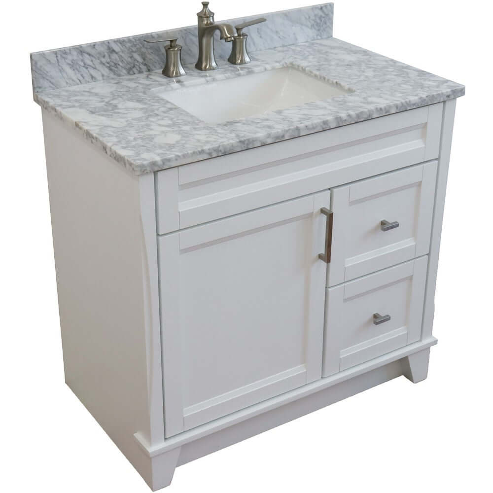 37" Single sink vanity in White finish with White Carrara marble and Left door/Center sink - 400700-37L-WH-WMRC