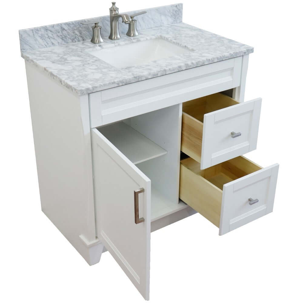 37" Single sink vanity in White finish with White Carrara marble and Left door/Center sink - 400700-37L-WH-WMRC