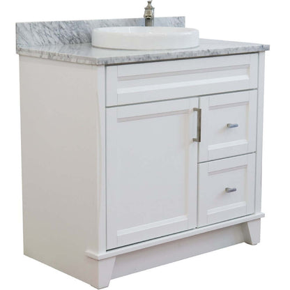 37" Single sink vanity in White finish with White Carrara marble and Left door/Round Center sink - 400700-37L-WH-WMRDC