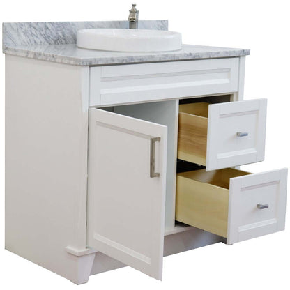 37" Single sink vanity in White finish with White Carrara marble and Left door/Round Center sink - 400700-37L-WH-WMRDC