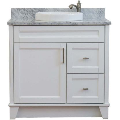 37" Single sink vanity in White finish with White Carrara marble and Left door/Round Center sink - 400700-37L-WH-WMRDC