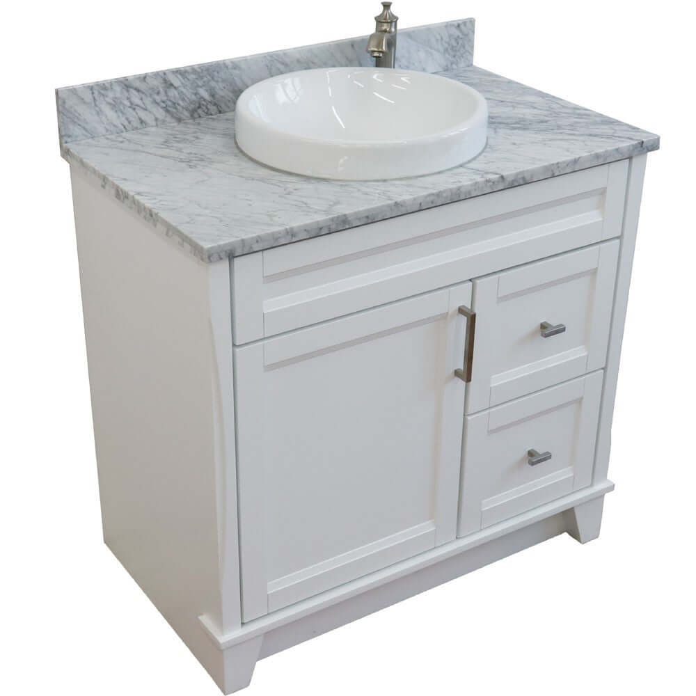 37" Single sink vanity in White finish with White Carrara marble and Left door/Round Center sink - 400700-37L-WH-WMRDC