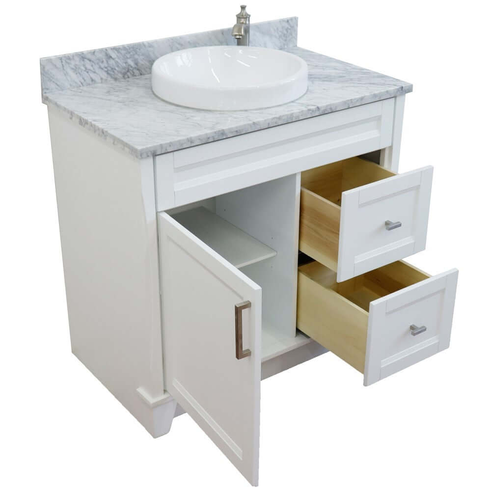 37" Single sink vanity in White finish with White Carrara marble and Left door/Round Center sink - 400700-37L-WH-WMRDC