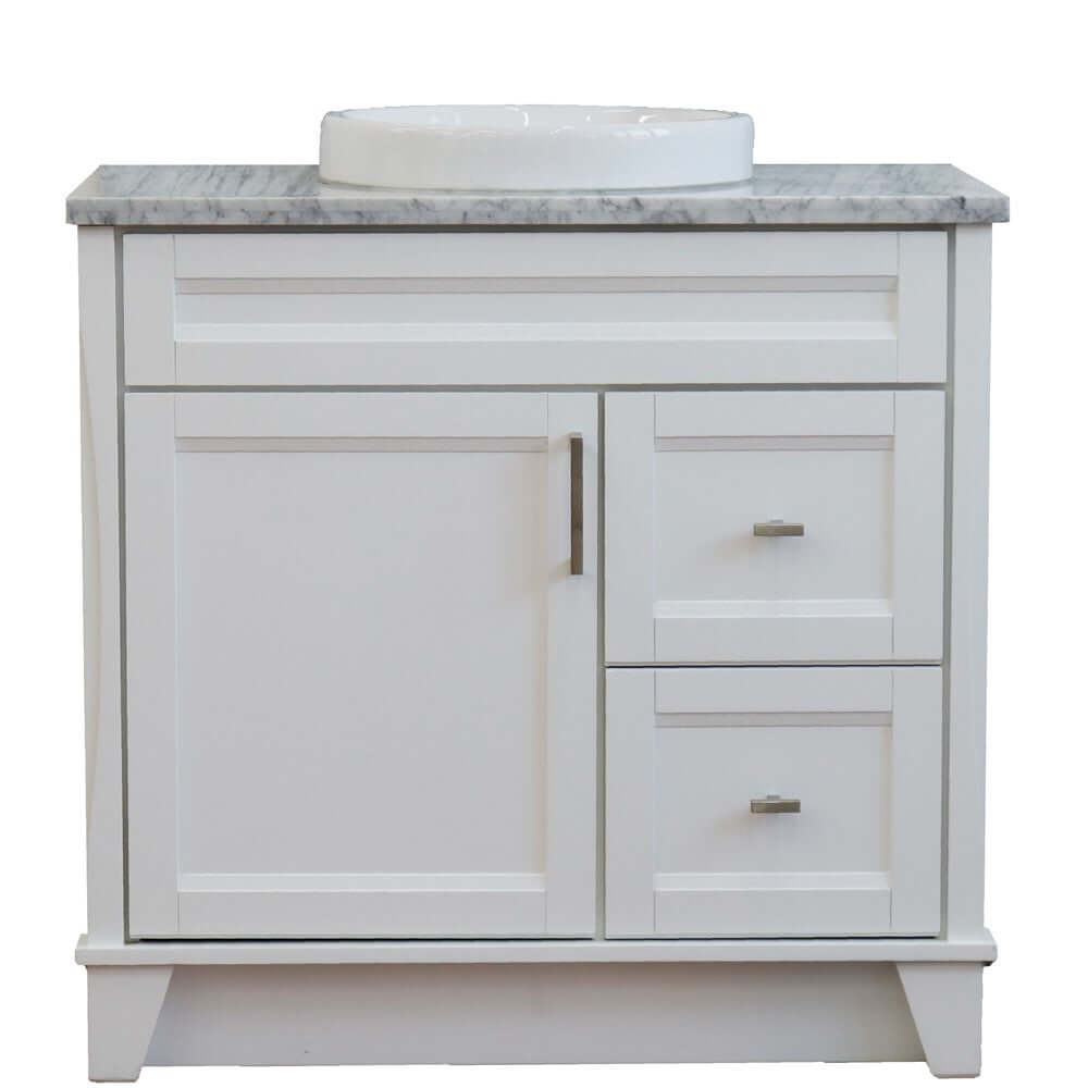 37" Single sink vanity in White finish with White Carrara marble and Left door/Round Center sink - 400700-37L-WH-WMRDC