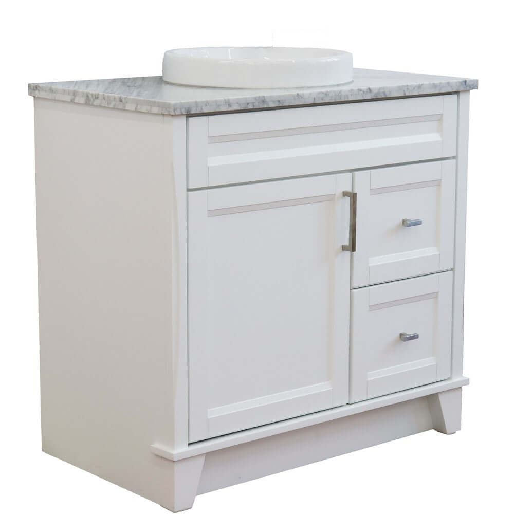 37" Single sink vanity in White finish with White Carrara marble and Left door/Round Center sink - 400700-37L-WH-WMRDC