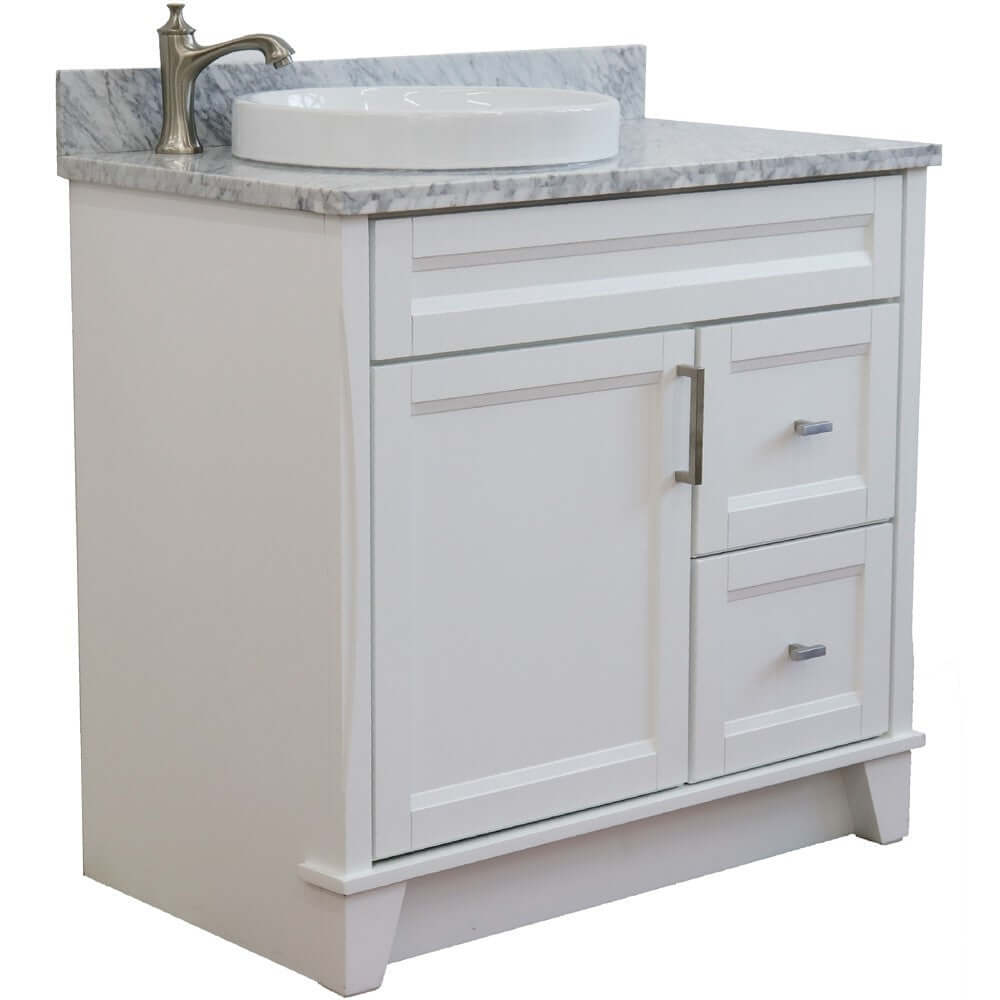 37" Single sink vanity in White finish with White Carrara marble and Left door/Round Left sink - 400700-37L-WH-WMRDL