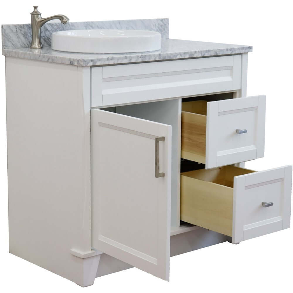 37" Single sink vanity in White finish with White Carrara marble and Left door/Round Left sink - 400700-37L-WH-WMRDL