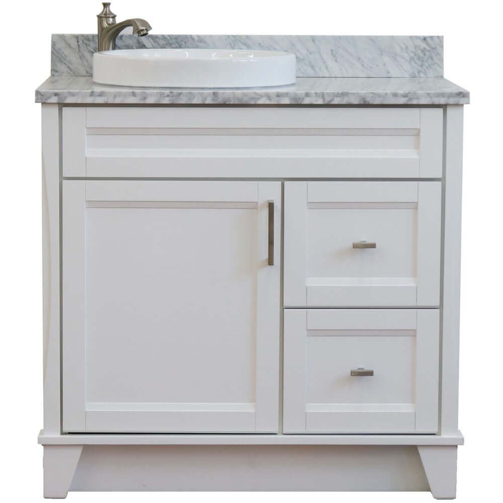 37" Single sink vanity in White finish with White Carrara marble and Left door/Round Left sink - 400700-37L-WH-WMRDL