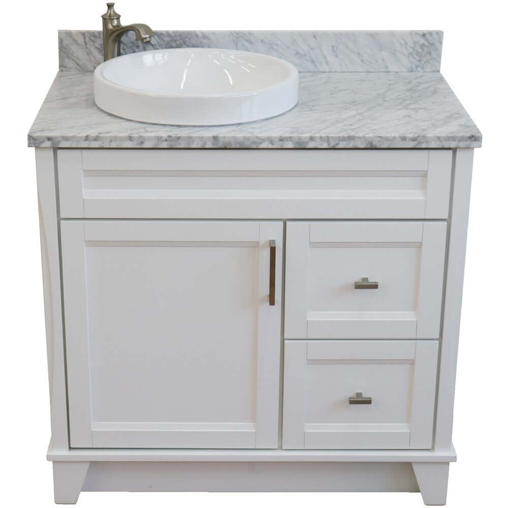 37" Single sink vanity in White finish with White Carrara marble and Left door/Round Left sink - 400700-37L-WH-WMRDL