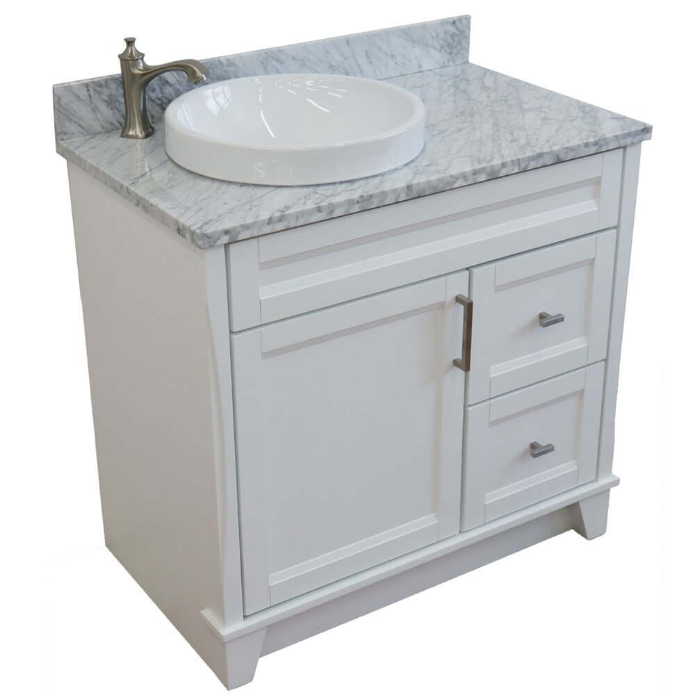 37" Single sink vanity in White finish with White Carrara marble and Left door/Round Left sink - 400700-37L-WH-WMRDL