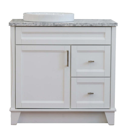 37" Single sink vanity in White finish with White Carrara marble and Left door/Round Left sink - 400700-37L-WH-WMRDL