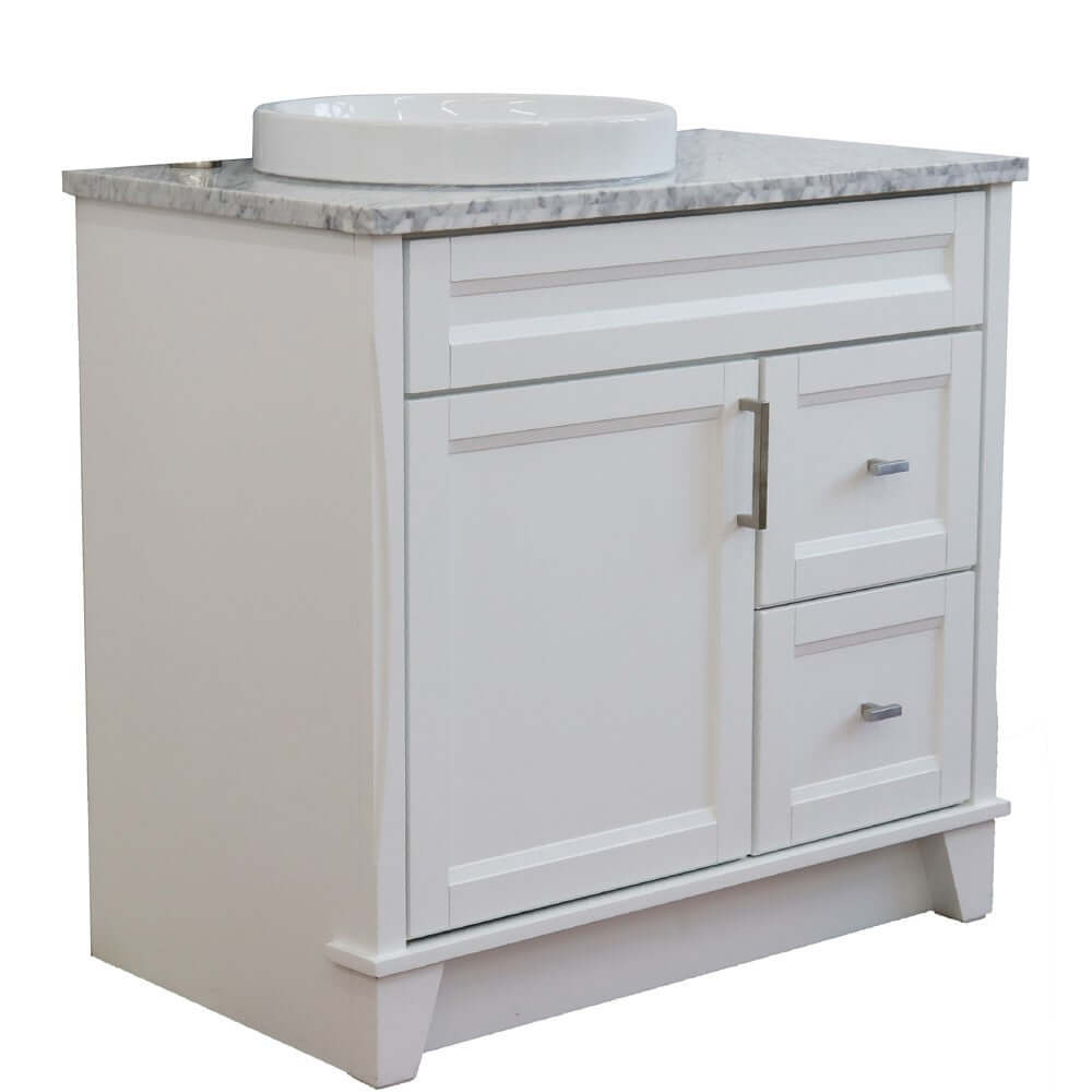 37" Single sink vanity in White finish with White Carrara marble and Left door/Round Left sink - 400700-37L-WH-WMRDL