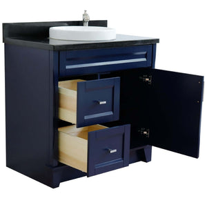 37" Single sink vanity in Blue finish with Black galaxy granite and CENTER round sink- RIGHT drawers - 400700-37R-BU-BGRDC