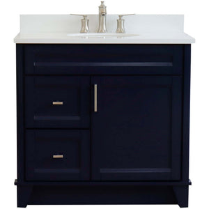 37" Single sink vanity in Blue finish with White quartz and CENTER oval sink- RIGHT drawers - 400700-37R-BU-WEOC