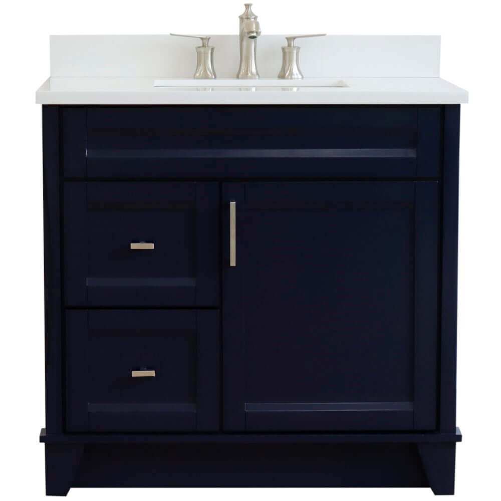 37" Single sink vanity in Blue finish with White quartz and CENTER rectangle sink- RIGHT drawers - 400700-37R-BU-WERC