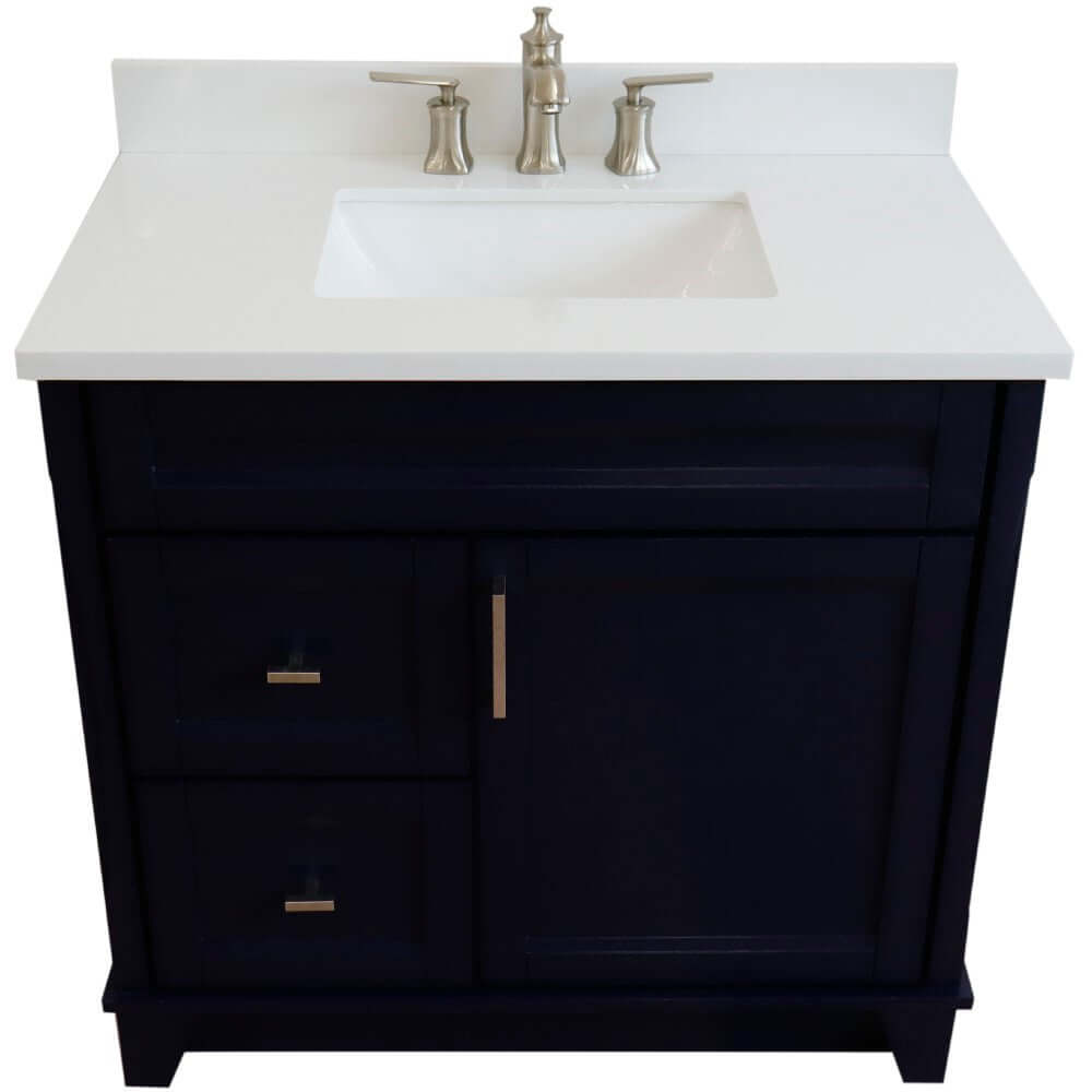 37" Single sink vanity in Blue finish with White quartz and CENTER rectangle sink- RIGHT drawers - 400700-37R-BU-WERC