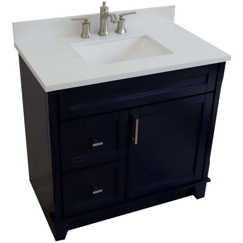 37" Single sink vanity in Blue finish with White quartz and CENTER rectangle sink- RIGHT drawers - 400700-37R-BU-WERC