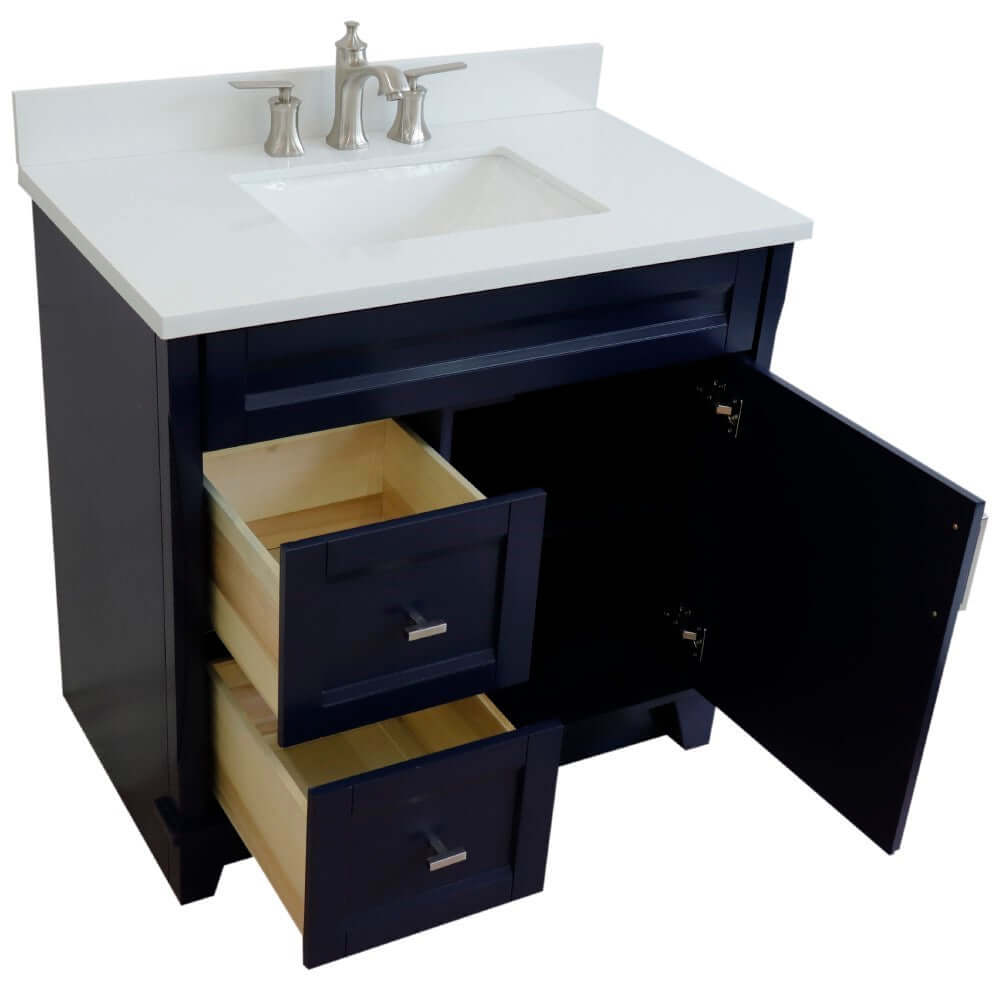 37" Single sink vanity in Blue finish with White quartz and CENTER rectangle sink- RIGHT drawers - 400700-37R-BU-WERC