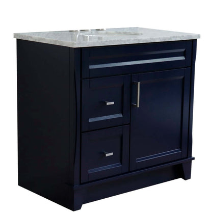 37" Single sink vanity in Blue finish with White Carrara marble and CENTER oval sink- RIGHT drawers - 400700-37R-BU-WMOC