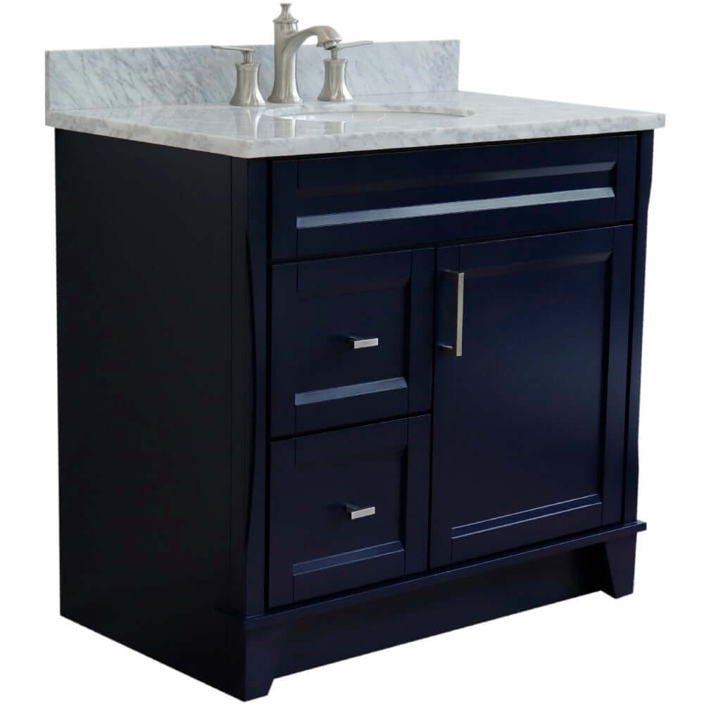 37" Single sink vanity in Blue finish with White Carrara marble and CENTER oval sink- RIGHT drawers - 400700-37R-BU-WMOC