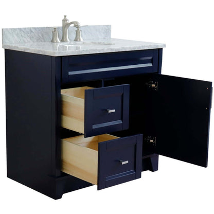 37" Single sink vanity in Blue finish with White Carrara marble and CENTER oval sink- RIGHT drawers - 400700-37R-BU-WMOC