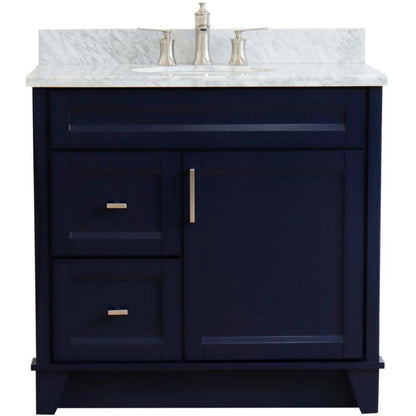 37" Single sink vanity in Blue finish with White Carrara marble and CENTER oval sink- RIGHT drawers - 400700-37R-BU-WMOC