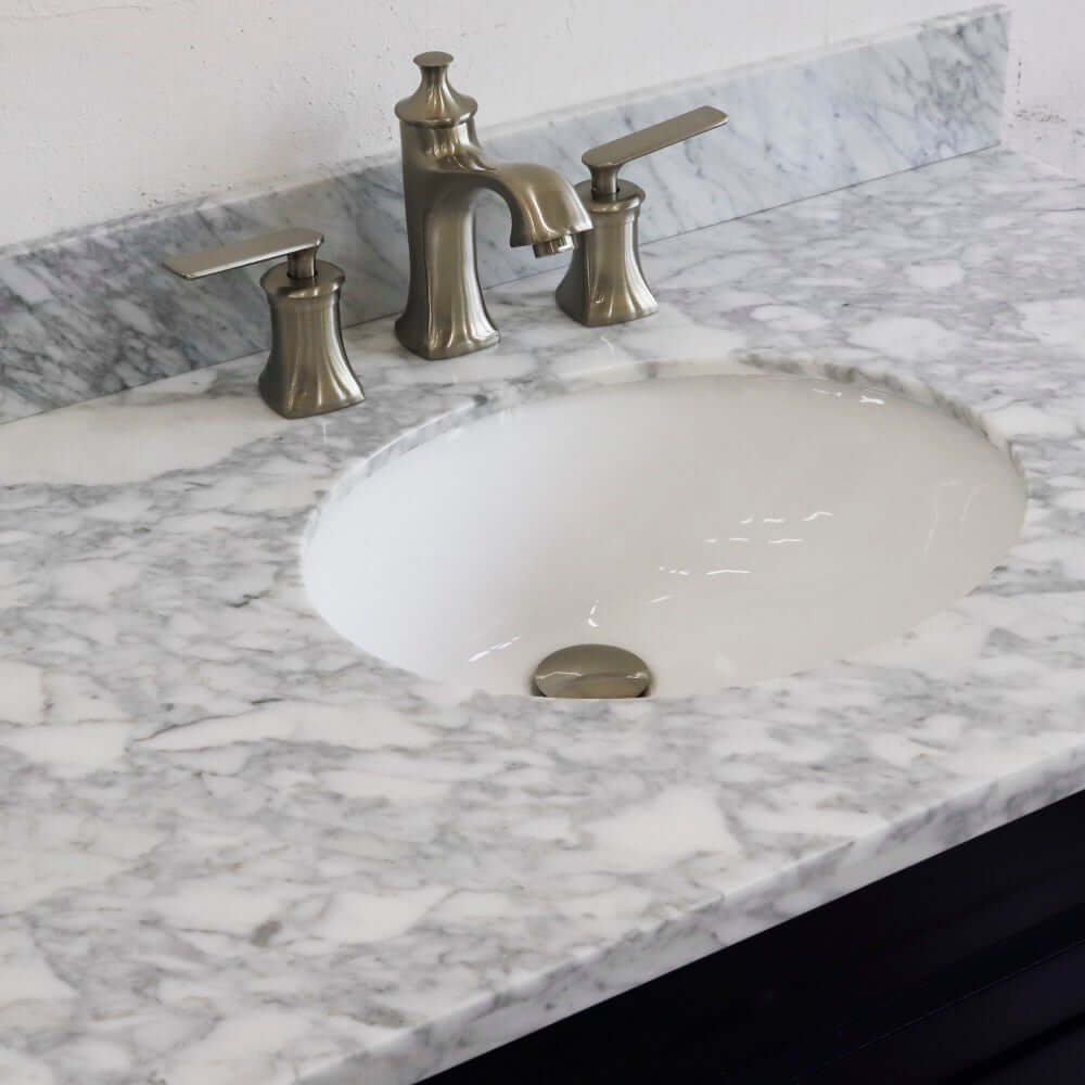 37" Single sink vanity in Blue finish with White Carrara marble and CENTER oval sink- RIGHT drawers - 400700-37R-BU-WMOC