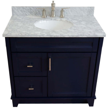 37" Single sink vanity in Blue finish with White Carrara marble and CENTER oval sink- RIGHT drawers - 400700-37R-BU-WMOC