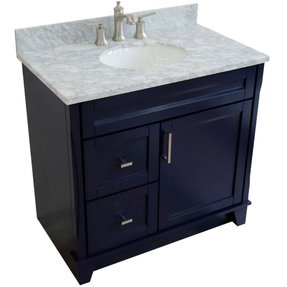 37" Single sink vanity in Blue finish with White Carrara marble and CENTER oval sink- RIGHT drawers - 400700-37R-BU-WMOC