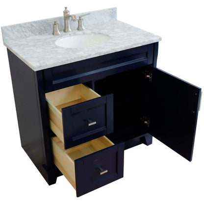 37" Single sink vanity in Blue finish with White Carrara marble and CENTER oval sink- RIGHT drawers - 400700-37R-BU-WMOC