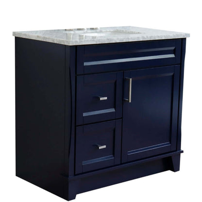 37" Single sink vanity in Blue finish with White Carrara marble and CENTER rectangle sink- RIGHT drawers - 400700-37R-BU-WMRC