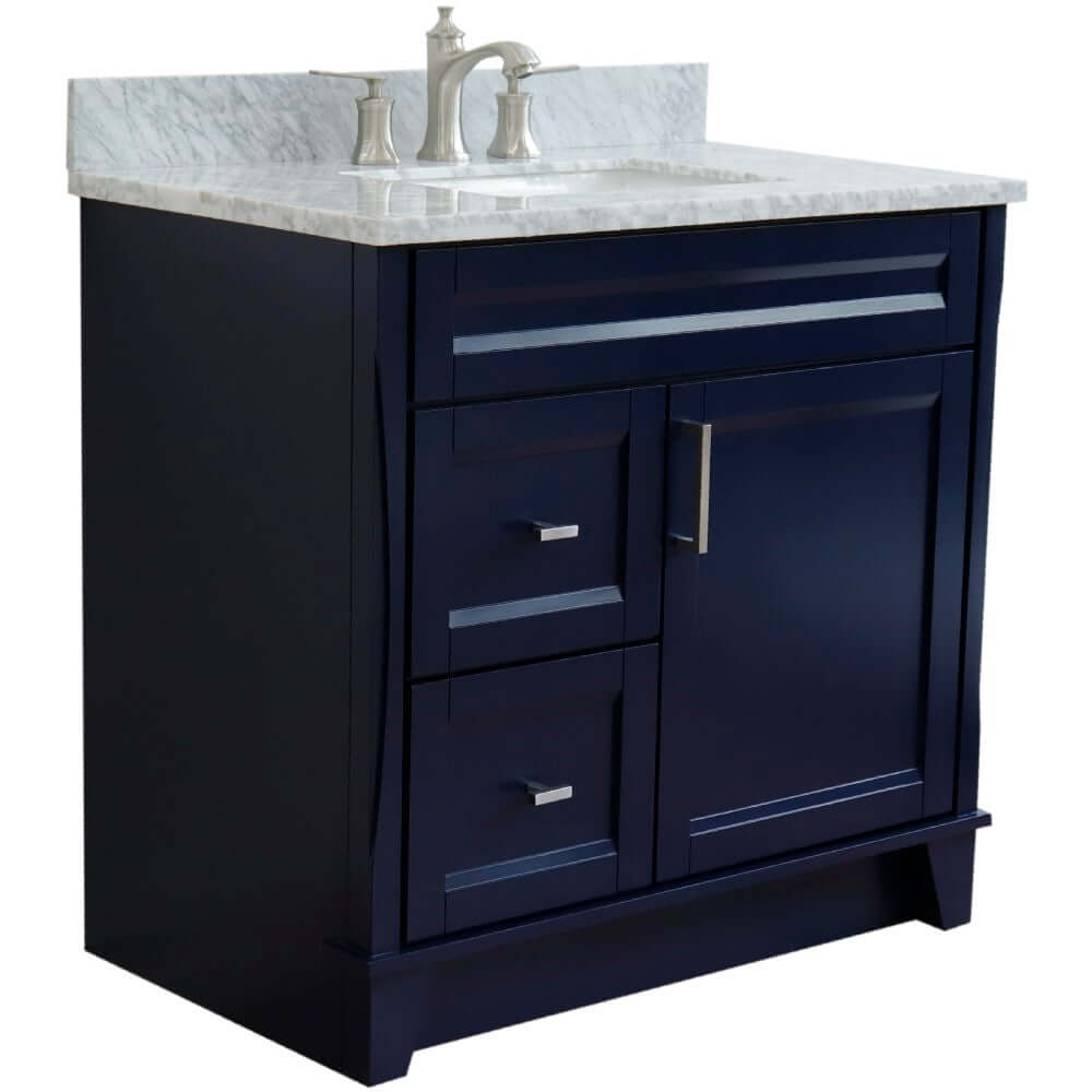 37" Single sink vanity in Blue finish with White Carrara marble and CENTER rectangle sink- RIGHT drawers - 400700-37R-BU-WMRC