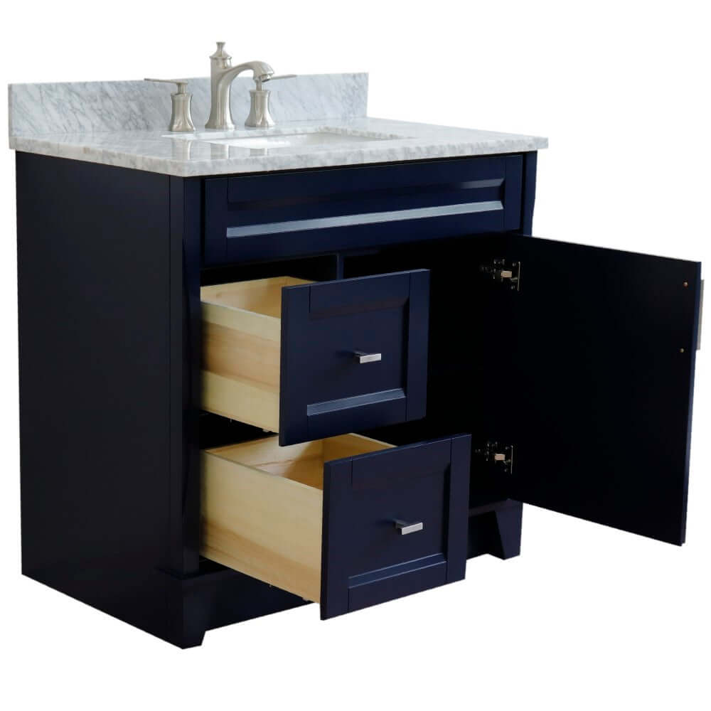 37" Single sink vanity in Blue finish with White Carrara marble and CENTER rectangle sink- RIGHT drawers - 400700-37R-BU-WMRC