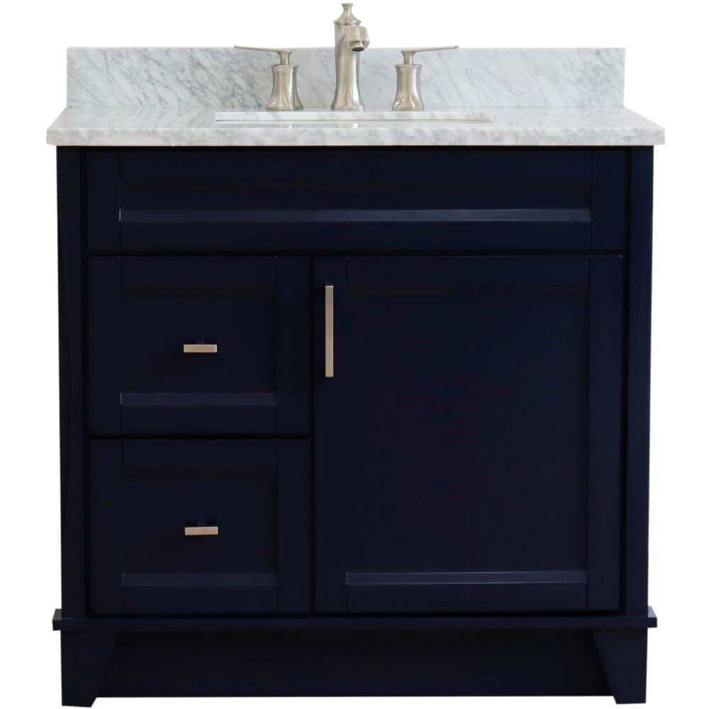 37" Single sink vanity in Blue finish with White Carrara marble and CENTER rectangle sink- RIGHT drawers - 400700-37R-BU-WMRC