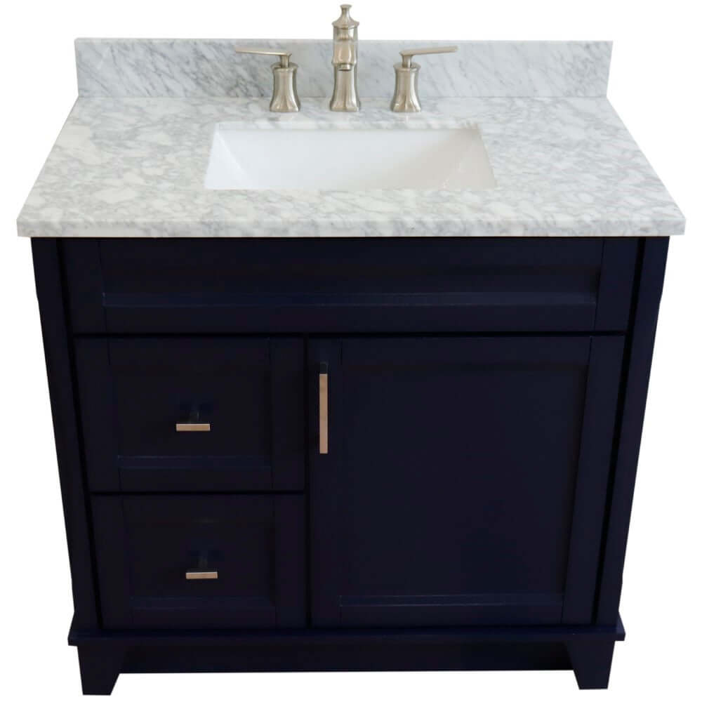 37" Single sink vanity in Blue finish with White Carrara marble and CENTER rectangle sink- RIGHT drawers - 400700-37R-BU-WMRC