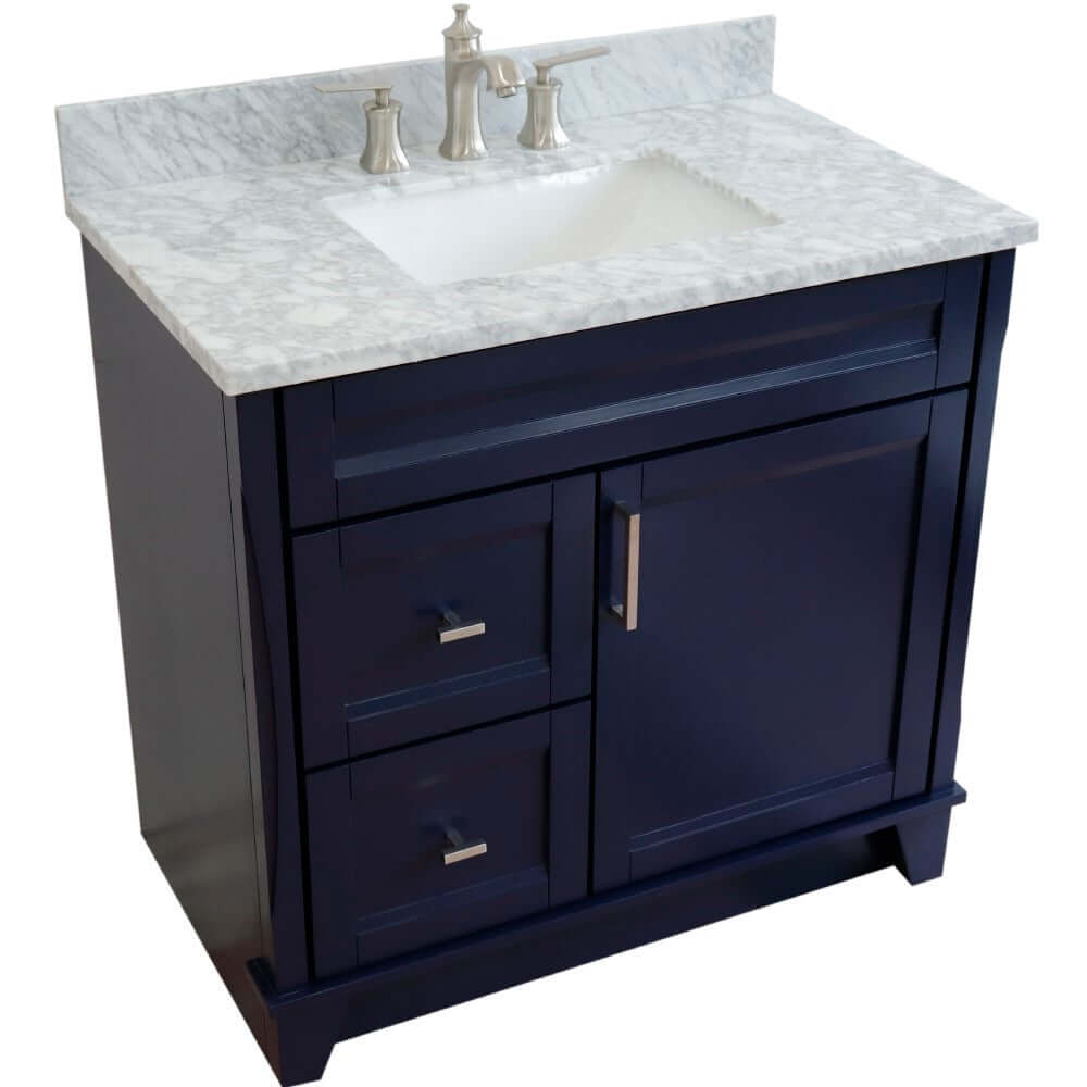 37" Single sink vanity in Blue finish with White Carrara marble and CENTER rectangle sink- RIGHT drawers - 400700-37R-BU-WMRC