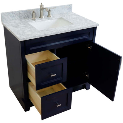 37" Single sink vanity in Blue finish with White Carrara marble and CENTER rectangle sink- RIGHT drawers - 400700-37R-BU-WMRC