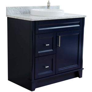37" Single sink vanity in Blue finish with White Carrara marble and CENTER round sink- RIGHT drawers - 400700-37R-BU-WMRDC