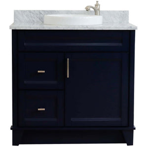 37" Single sink vanity in Blue finish with White Carrara marble and CENTER round sink- RIGHT drawers - 400700-37R-BU-WMRDC